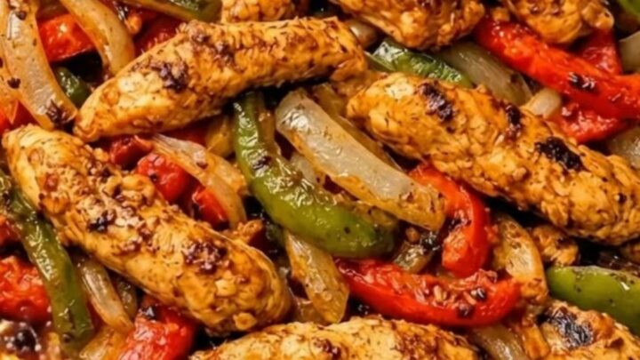 Fajitas de poulet dorées, poivrons rôtis et oignons sur une plaque tapissée d'aluminium, sortie du four