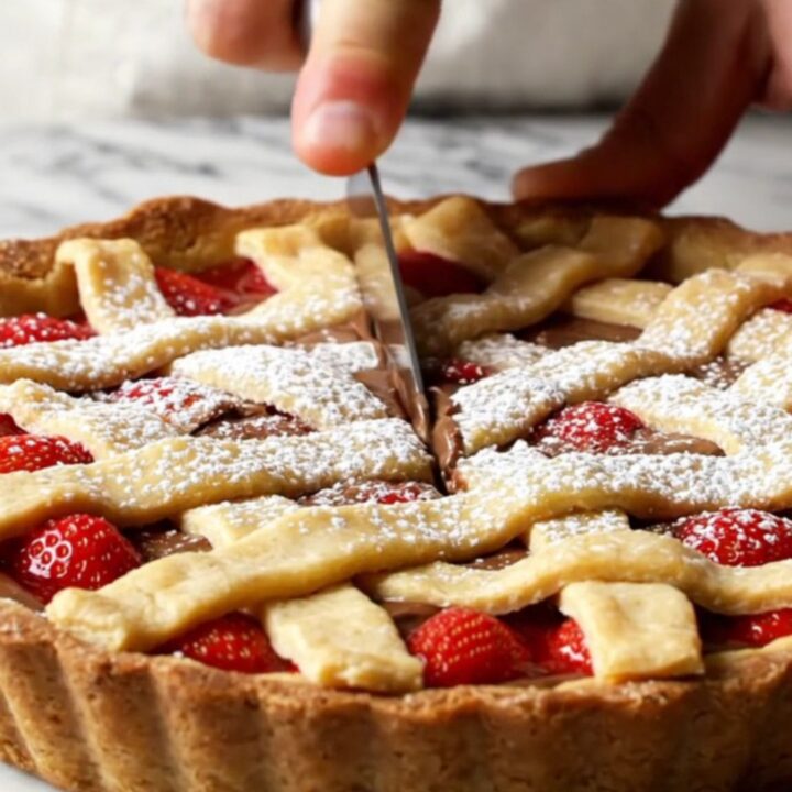 A slice of strawberry chocolate tart with lattice crust and powdered sugar on a white plate