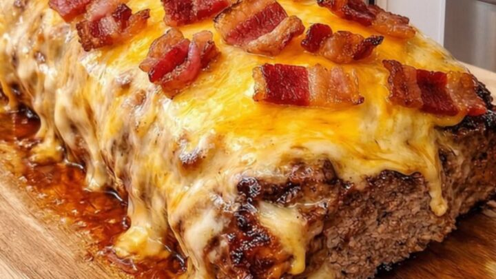A large, savory meatloaf resting on a wooden board, topped with melted cheddar cheese and crispy bacon bits.