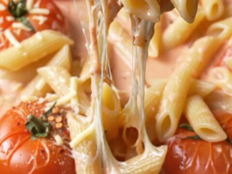 Creamy roasted tomato and garlic penne pasta in a skillet, with melted cheese stretching from a forkful