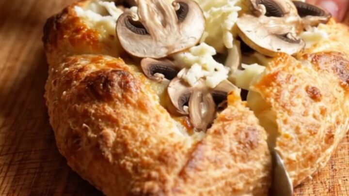 Mini garlic mushroom pide with golden crust and melted cheese pull