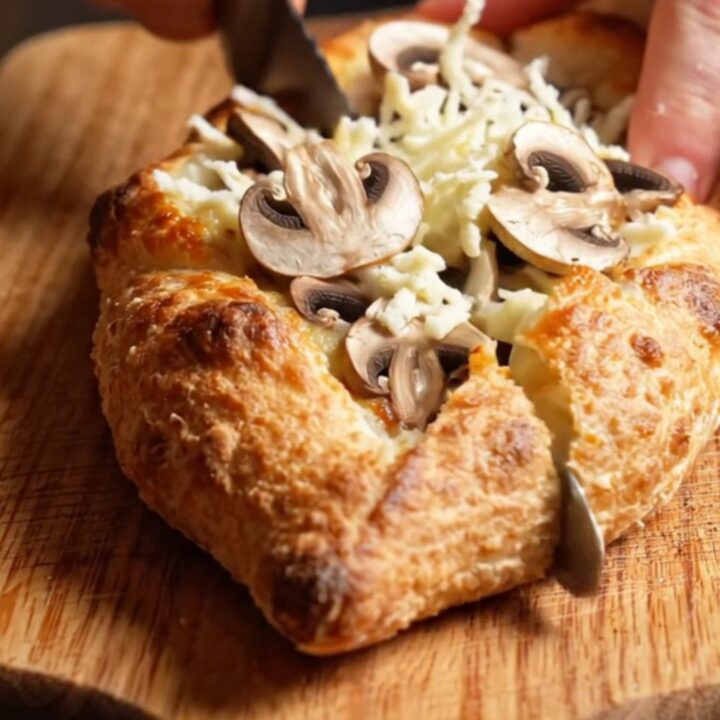 Mini garlic mushroom pide with golden crust and melted cheese pull