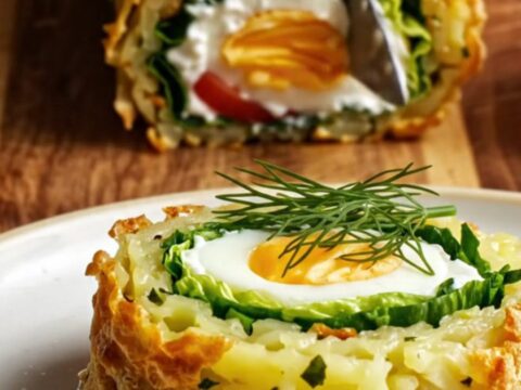 Sliced savory potato roulade showing spiral of labneh, lettuce, tomato, and boiled eggs on a wooden board