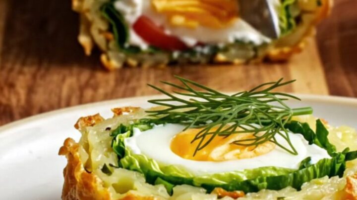 Sliced savory potato roulade showing spiral of labneh, lettuce, tomato, and boiled eggs on a wooden board