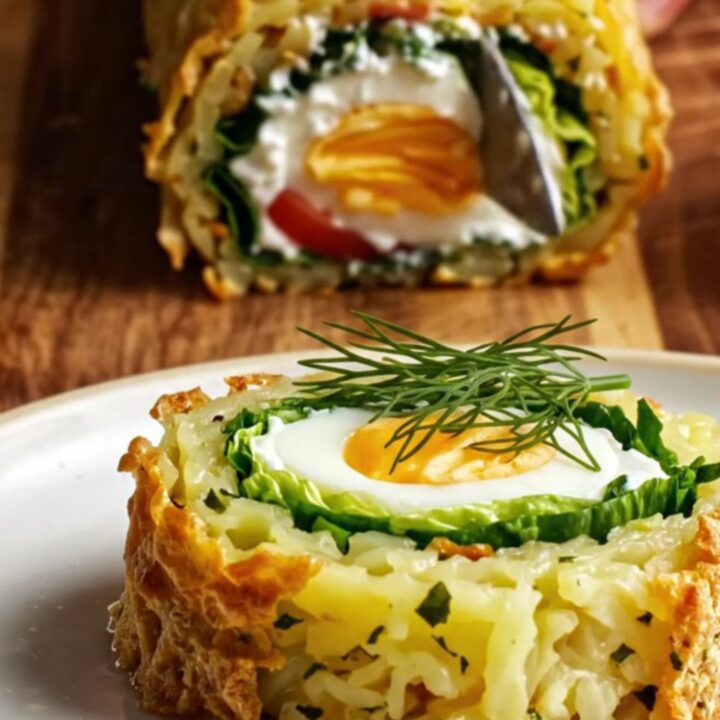 Sliced savory potato roulade showing spiral of labneh, lettuce, tomato, and boiled eggs on a wooden board