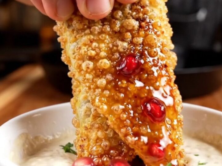 Crispy chicken shawarma wrap sliced diagonally, showing layers of chicken, fries, and onions, with a bowl of toum.