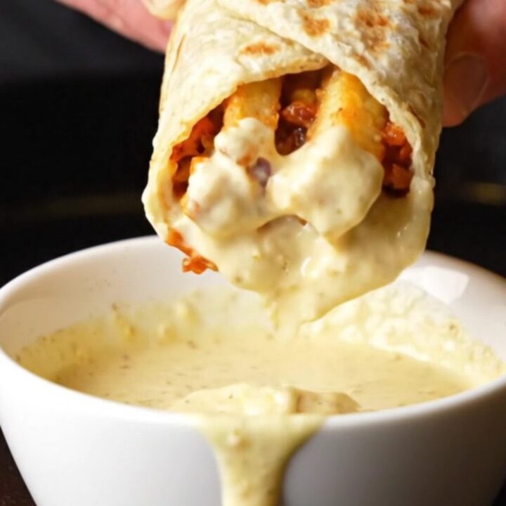 A golden toasted chicken shawarma wrap cut in half, showing spiced chicken, fries, and garlic sauce oozing out.
