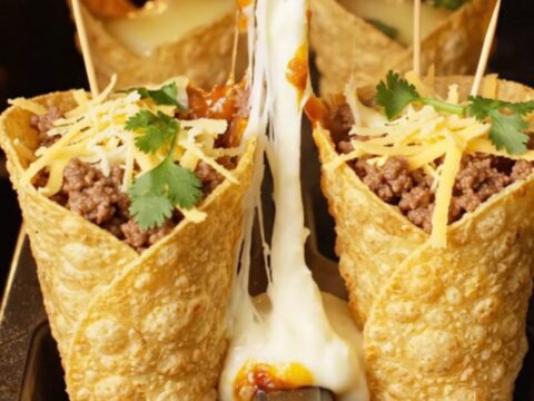 Crispy tortilla cone filled with ground beef and melted mozzarella, cheese pulling as it is lifted