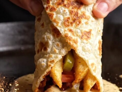 Crispy chicken shawarma wrap cut in half, showing layers of spiced chicken, fries, and sauce, with garlic sauce for dipping.