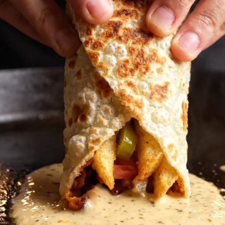 Crispy chicken shawarma wrap cut in half, showing layers of spiced chicken, fries, and sauce, with garlic sauce for dipping.