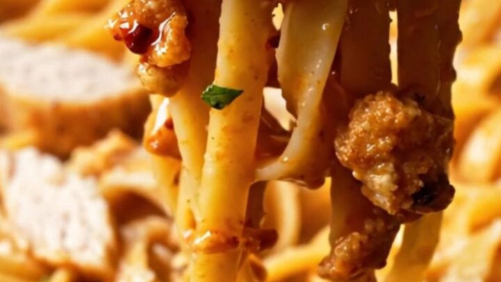 Creamy fettuccine Alfredo with chili crisp and sliced chicken breast, topped with parmesan flakes.