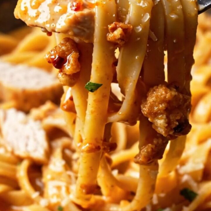 Creamy fettuccine Alfredo with chili crisp and sliced chicken breast, topped with parmesan flakes.