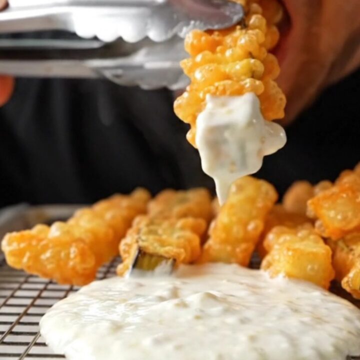 Golden crispy eggplant fries piled on a wire rack, with a bowl of garlic yogurt dip in the background