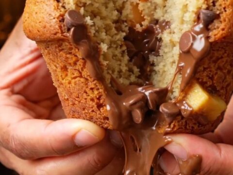 Giant banana chocolate chip muffins with tall domed tops and melted chocolate chips visible on the surface.