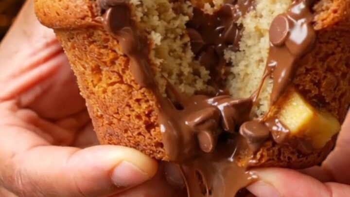 Giant banana chocolate chip muffins with tall domed tops and melted chocolate chips visible on the surface.