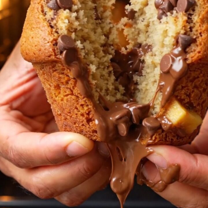 Giant banana chocolate chip muffins with tall domed tops and melted chocolate chips visible on the surface.