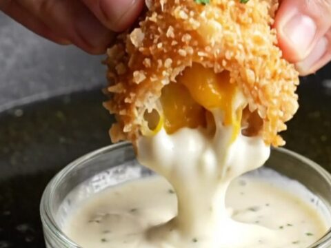 Golden fried bread rolls stacked on a plate, one broken open showing cheesy chicken and potato filling.