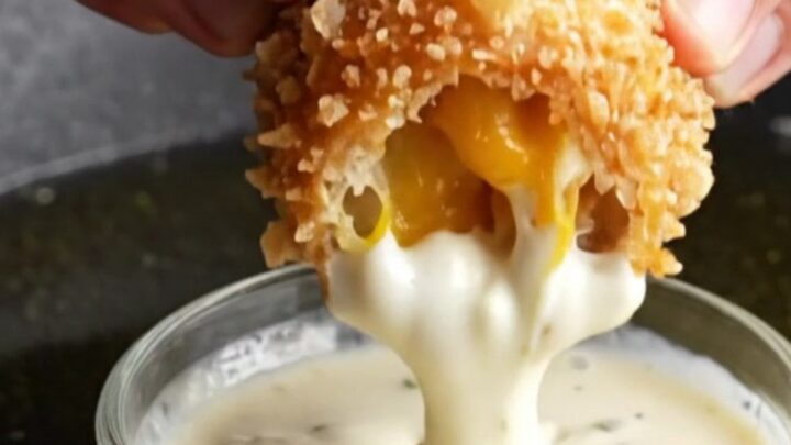 Golden fried bread rolls stacked on a plate, one broken open showing cheesy chicken and potato filling.