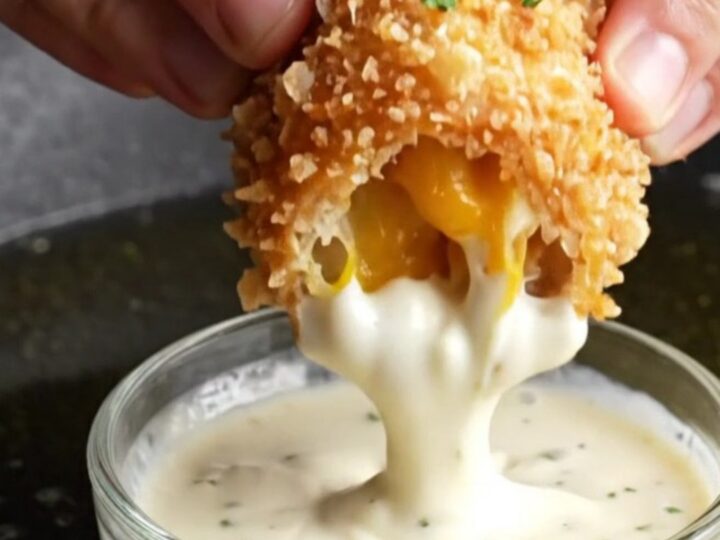 Golden fried bread rolls stacked on a plate, one broken open showing cheesy chicken and potato filling.