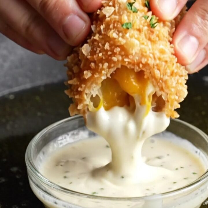 Golden fried bread rolls stacked on a plate, one broken open showing cheesy chicken and potato filling.