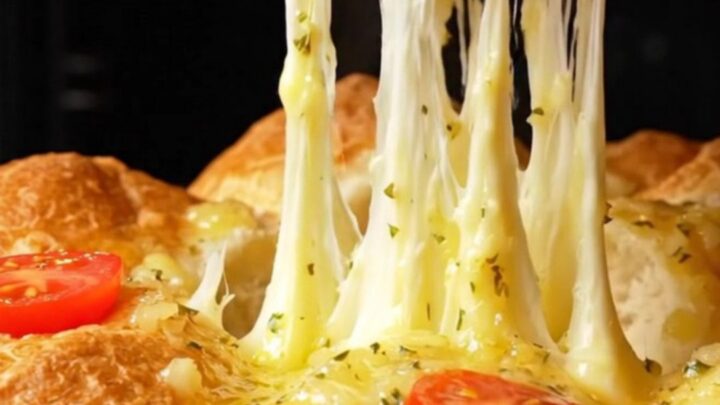 Pull-apart bread bites with golden crust and melted cheese stretching between them