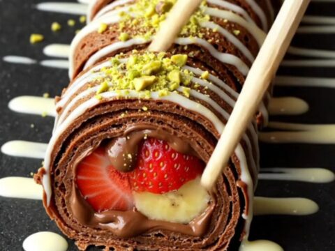 Crepe sushi rolls sliced and arranged on a slate board, drizzled with white chocolate and pistachios