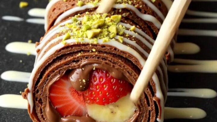 Crepe sushi rolls sliced and arranged on a slate board, drizzled with white chocolate and pistachios