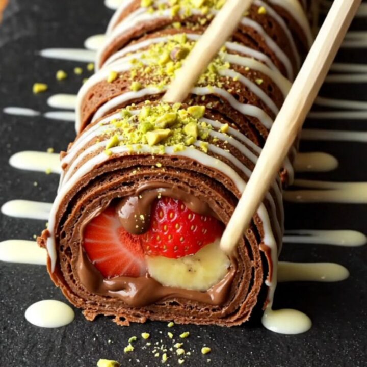 Crepe sushi rolls sliced and arranged on a slate board, drizzled with white chocolate and pistachios