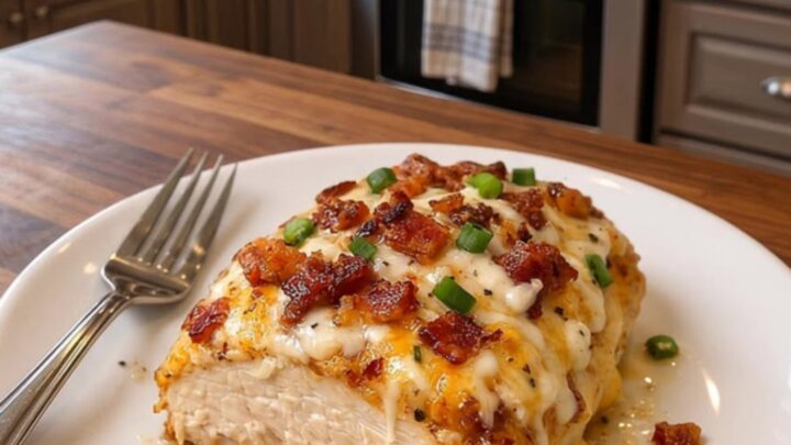 A golden-brown cheesy bacon ranch chicken breast resting on a white plate with a fork pulling away a piece.