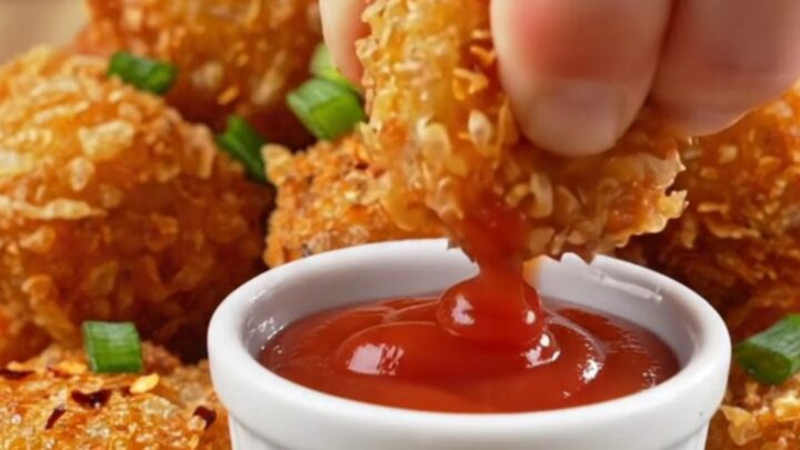 Golden crispy potato nuggets with a shatteringly crunchy crust, served with ketchup
