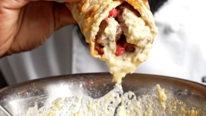 Crispy beef ribeye shawarma wrap with pomegranate glaze, cut in half showing juicy beef, fries, and onions