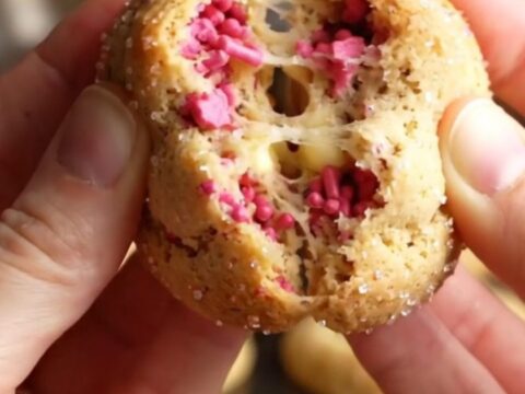Valentine's sugar cookies with pink and red sprinkles, soft centers and golden edges