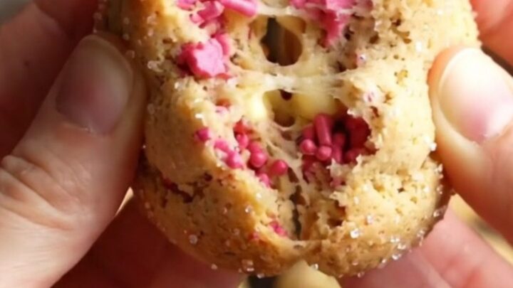 Valentine's sugar cookies with pink and red sprinkles, soft centers and golden edges