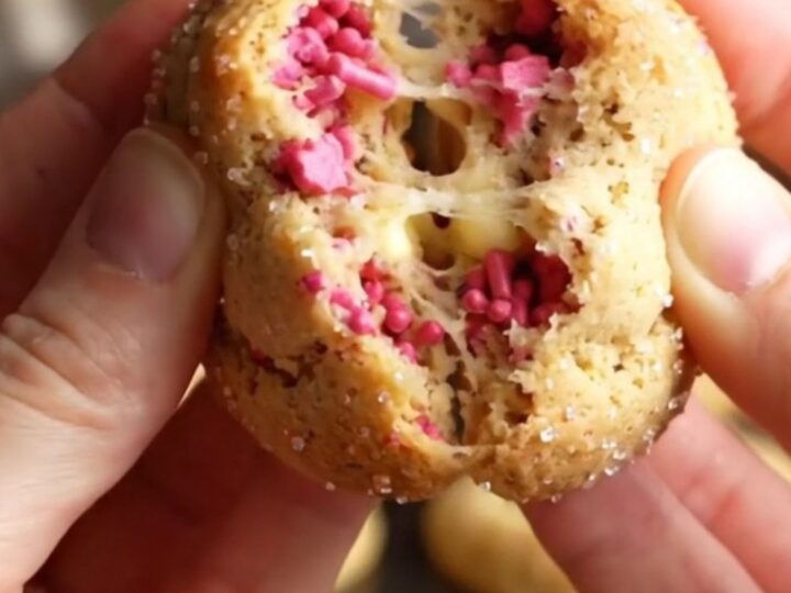Valentine's sugar cookies with pink and red sprinkles, soft centers and golden edges