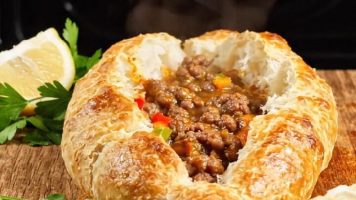 Golden Turkish pide torn open showing juicy spiced beef and peppers