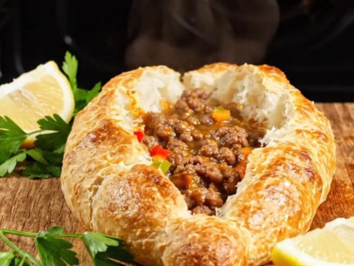 Golden Turkish pide torn open showing juicy spiced beef and peppers