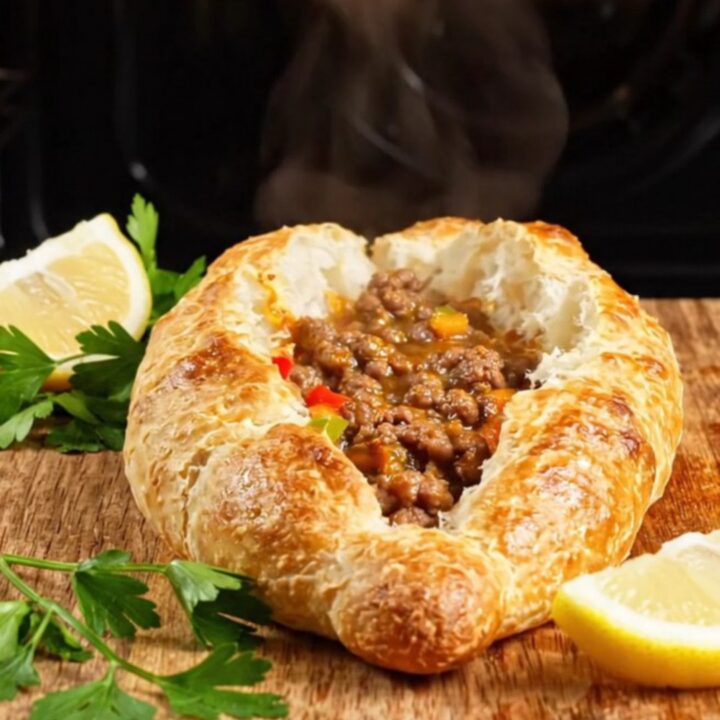 Golden Turkish pide torn open showing juicy spiced beef and peppers