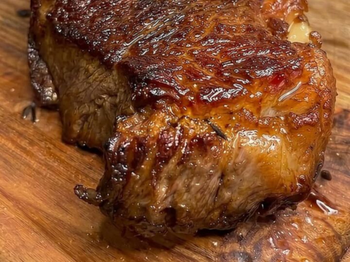 A perfectly seared ribeye steak with a dark, caramelized crust resting on a rustic wooden cutting board.