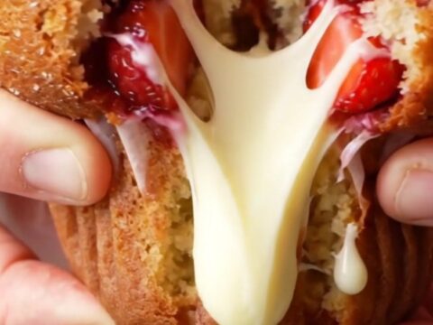 Golden bakery-style muffin with a tall domed top, split open to show juicy strawberries and molten white chocolate