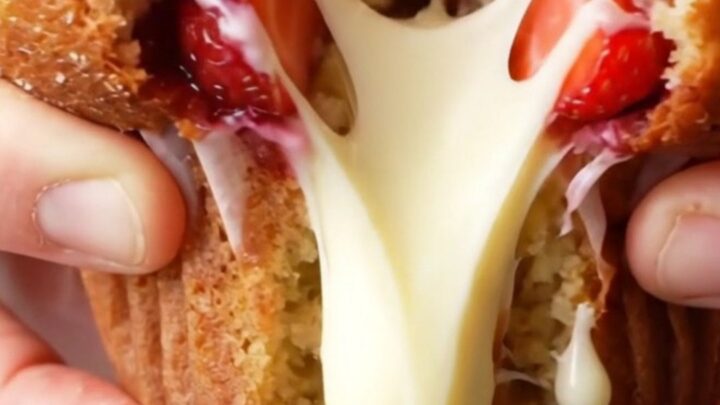 Golden bakery-style muffin with a tall domed top, split open to show juicy strawberries and molten white chocolate