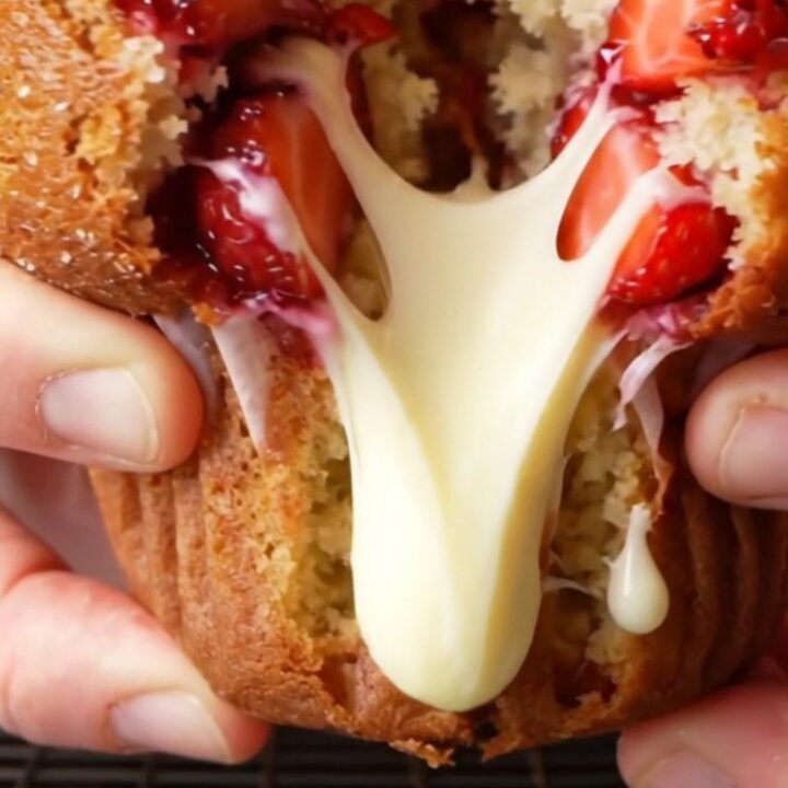 Golden bakery-style muffin with a tall domed top, split open to show juicy strawberries and molten white chocolate