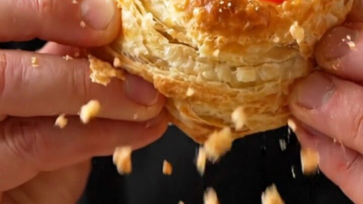Golden puff pastry pizza flowers on a parchment-lined baking sheet