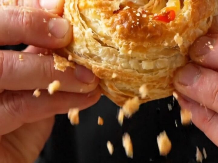 Golden puff pastry pizza flowers on a parchment-lined baking sheet