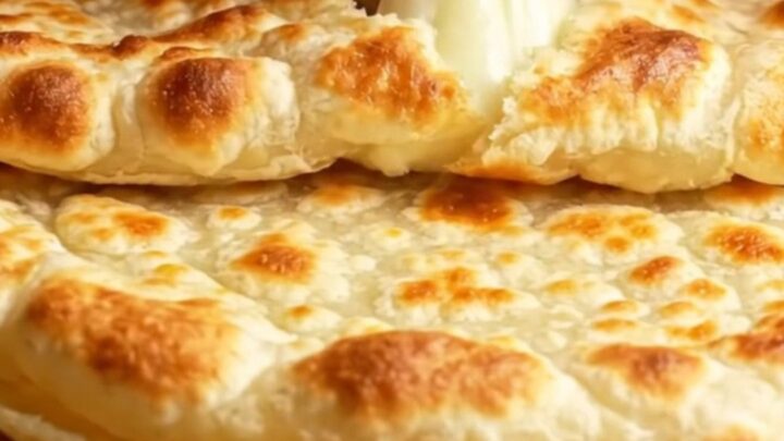 Turkish pan-toasted cheesy potato flatbreads stacked on a plate, golden and buttery