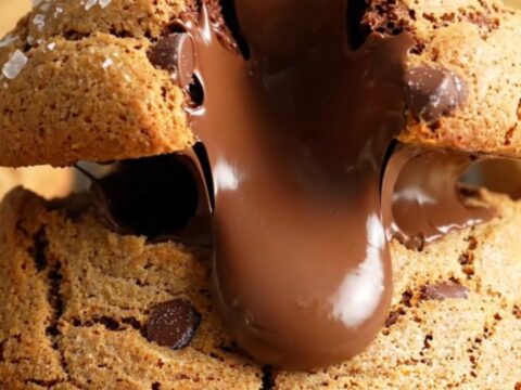 Giant six-ounce chocolate chip cookie broken open showing molten chocolate and gooey center