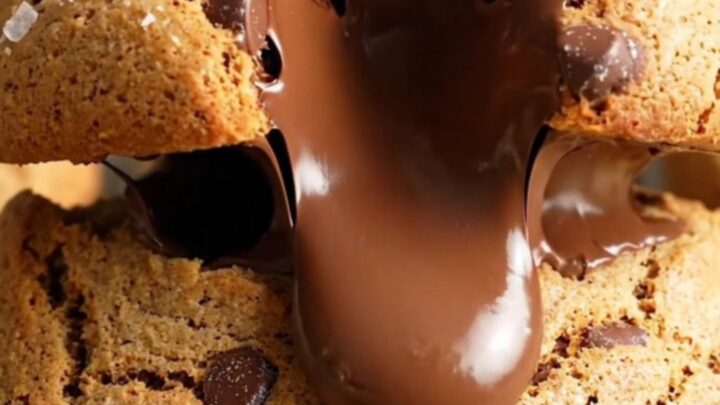 Giant six-ounce chocolate chip cookie broken open showing molten chocolate and gooey center