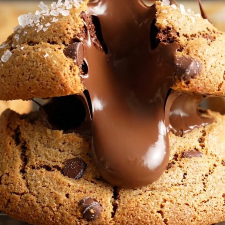 Giant six-ounce chocolate chip cookie broken open showing molten chocolate and gooey center