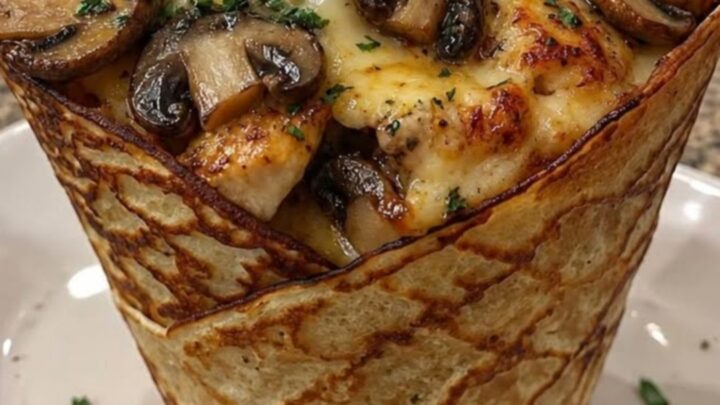 A close-up of a chicken and mushroom bread bowl with melted cheese and fresh parsley on a white plate.