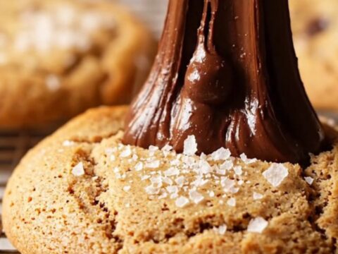 A golden-brown chocolate chip cookie broken open, showing gooey dark chocolate and steam rising