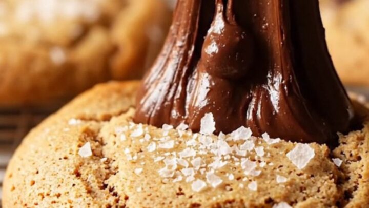 A golden-brown chocolate chip cookie broken open, showing gooey dark chocolate and steam rising